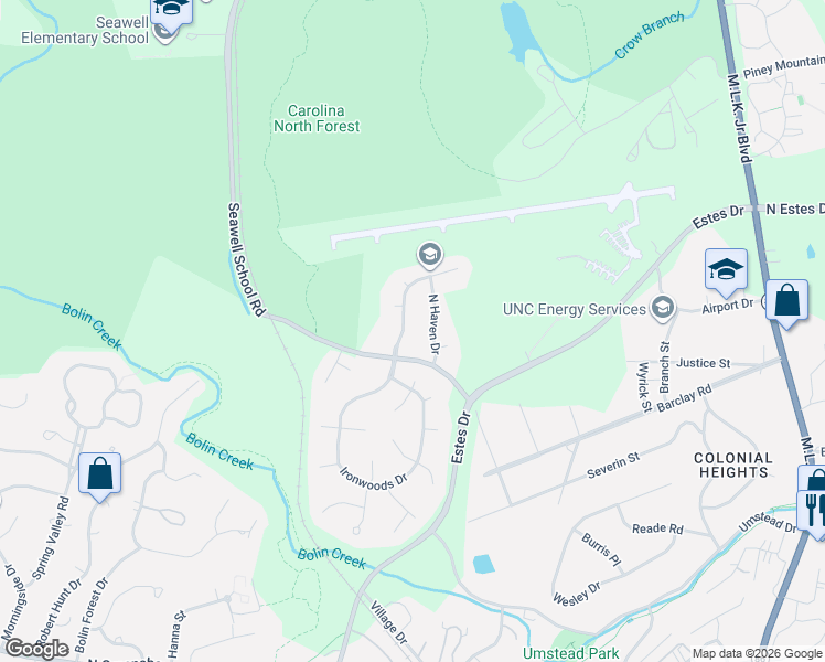 map of restaurants, bars, coffee shops, grocery stores, and more near 102 Woodleaf Drive in Chapel Hill
