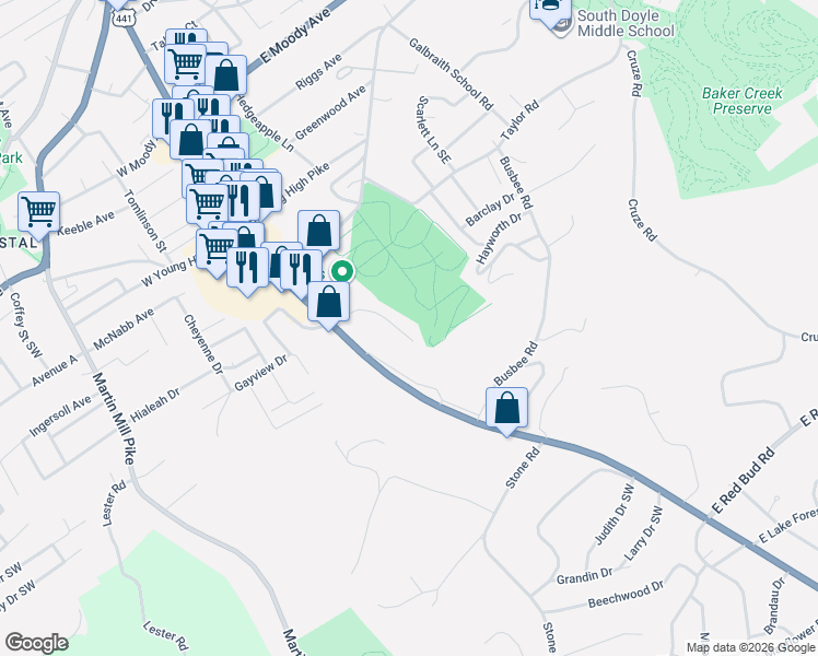 map of restaurants, bars, coffee shops, grocery stores, and more near 120 Fronda Lane in Knoxville