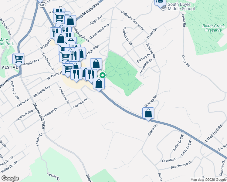 map of restaurants, bars, coffee shops, grocery stores, and more near 120 Fronda Lane in Knoxville