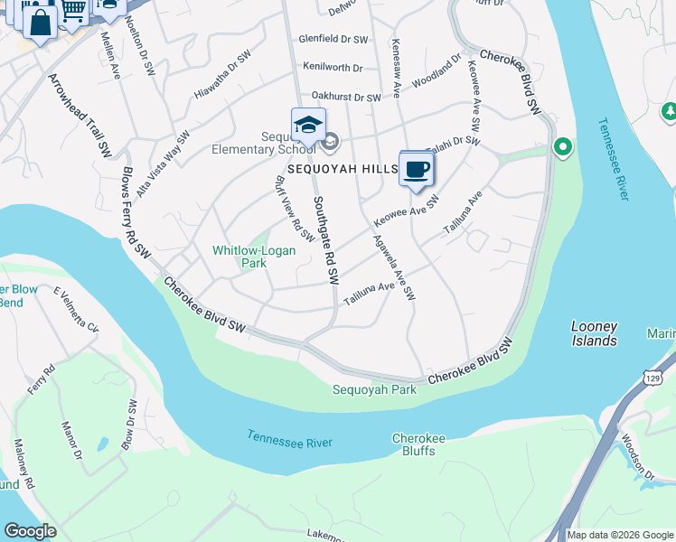map of restaurants, bars, coffee shops, grocery stores, and more near 3854 Sequoyah Avenue in Knoxville
