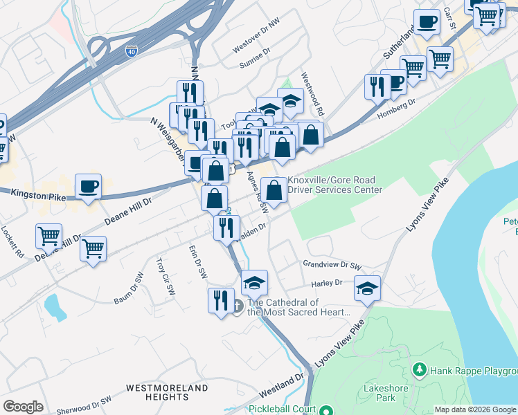 map of restaurants, bars, coffee shops, grocery stores, and more near 5821 Walden Drive in Knoxville