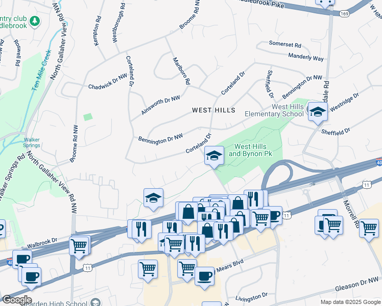 map of restaurants, bars, coffee shops, grocery stores, and more near 8208 Corteland Drive in Knoxville