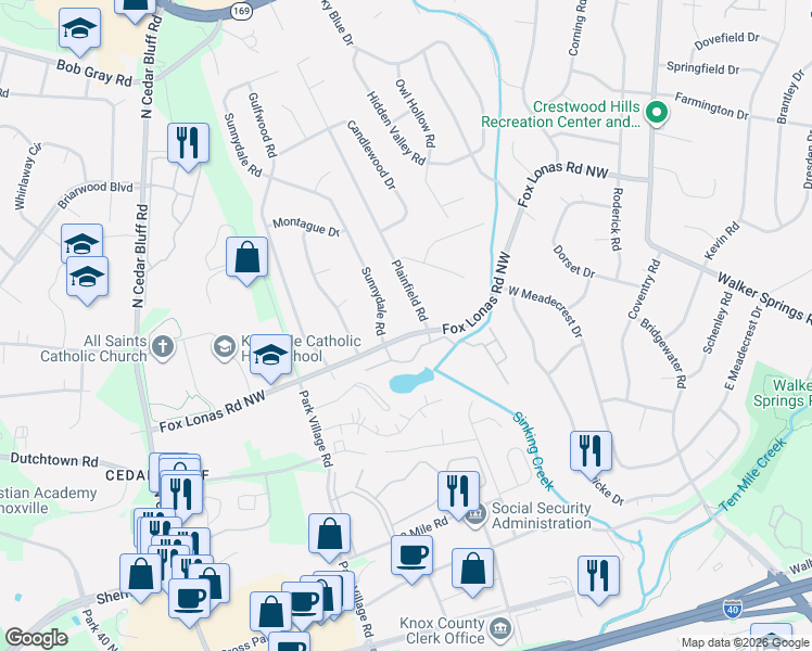 map of restaurants, bars, coffee shops, grocery stores, and more near 601 Plainfield Road in Knoxville