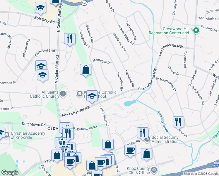 map of restaurants, bars, coffee shops, grocery stores, and more near 609 Fernwood Road in Knoxville