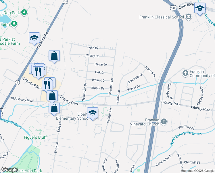 map of restaurants, bars, coffee shops, grocery stores, and more near 207 Maple Drive in Franklin