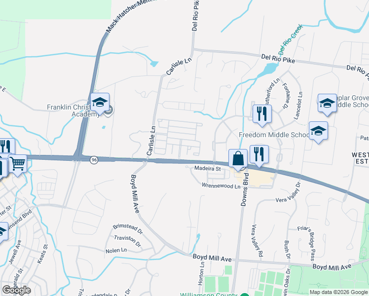 map of restaurants, bars, coffee shops, grocery stores, and more near 1204 Vintage Grove Lane in Franklin