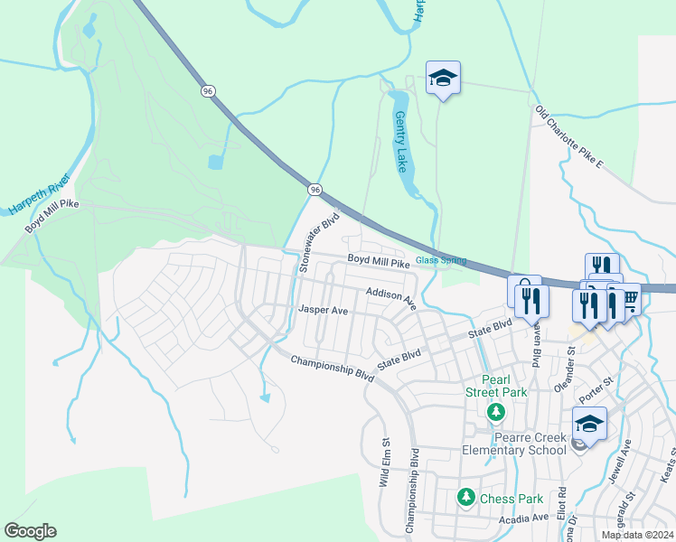 map of restaurants, bars, coffee shops, grocery stores, and more near 470 Wiregrass Lane in Franklin