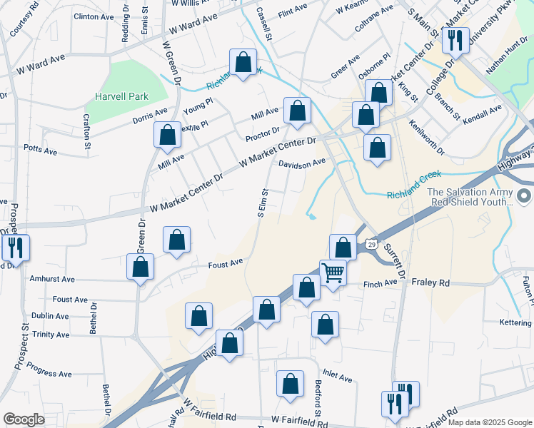 map of restaurants, bars, coffee shops, grocery stores, and more near 1911 South Elm Street in High Point