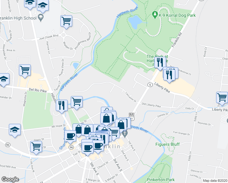 map of restaurants, bars, coffee shops, grocery stores, and more near 107 Parsons Place in Franklin