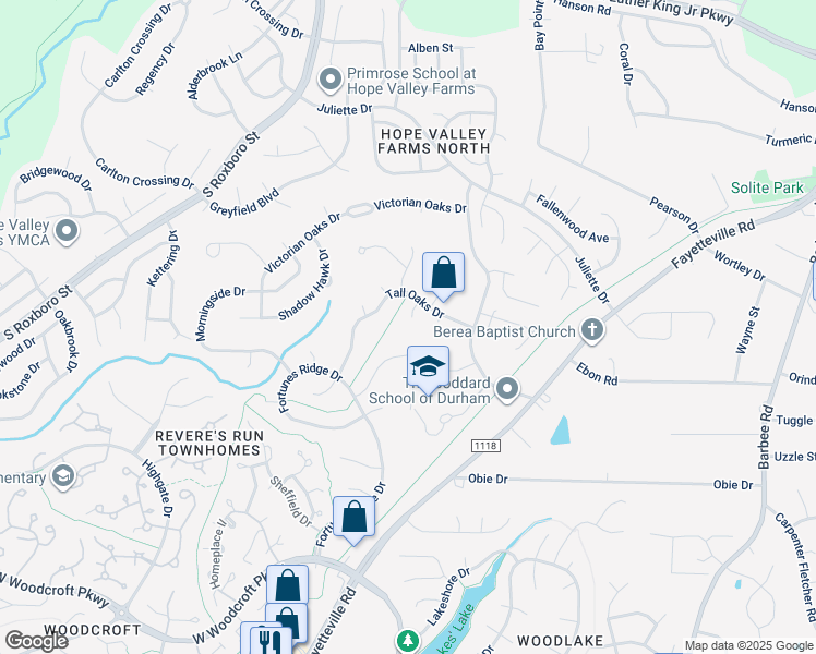 map of restaurants, bars, coffee shops, grocery stores, and more near 12 Cobble Glen Court in Durham