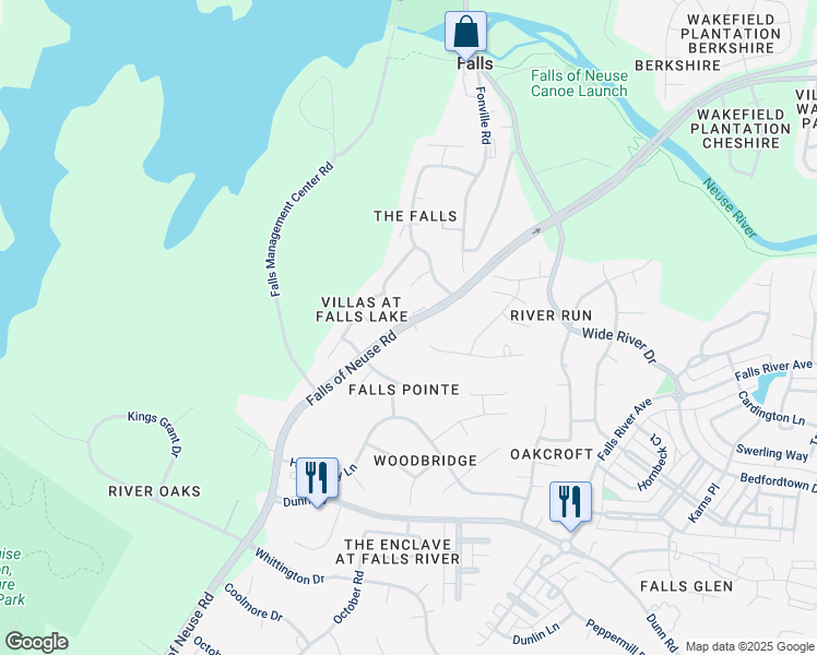 map of restaurants, bars, coffee shops, grocery stores, and more near 11705 Falls of Neuse Road in Wake Forest