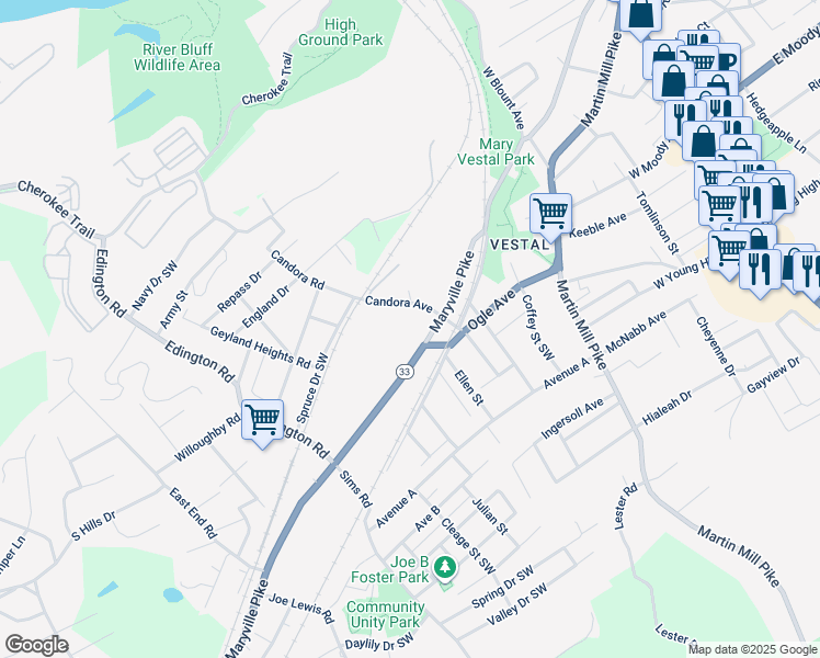 map of restaurants, bars, coffee shops, grocery stores, and more near 719 Maryville Pike in Knoxville