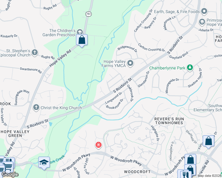 map of restaurants, bars, coffee shops, grocery stores, and more near 5119 Carolwood Lane in Durham