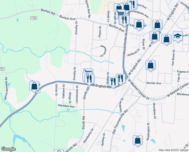 map of restaurants, bars, coffee shops, grocery stores, and more near 2620 Carsten Avenue in High Point
