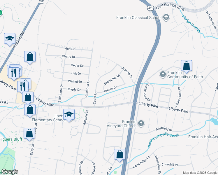map of restaurants, bars, coffee shops, grocery stores, and more near 118 Brevet Drive in Franklin