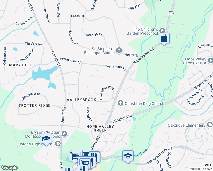 map of restaurants, bars, coffee shops, grocery stores, and more near 3622 Sunningdale Way in Durham