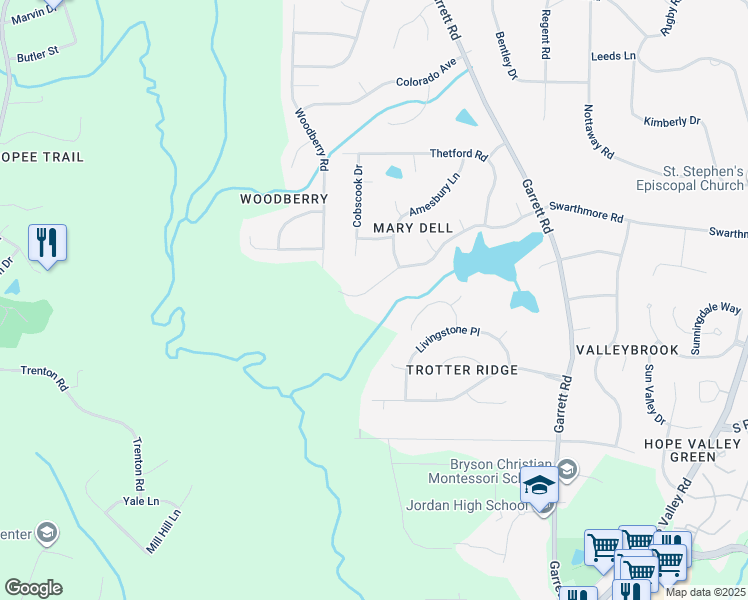 map of restaurants, bars, coffee shops, grocery stores, and more near 4319 Swarthmore Road in Durham