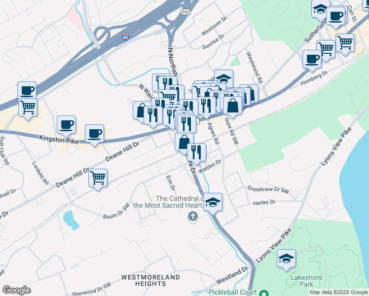 map of restaurants, bars, coffee shops, grocery stores, and more near 135 South Northshore Drive in Knoxville