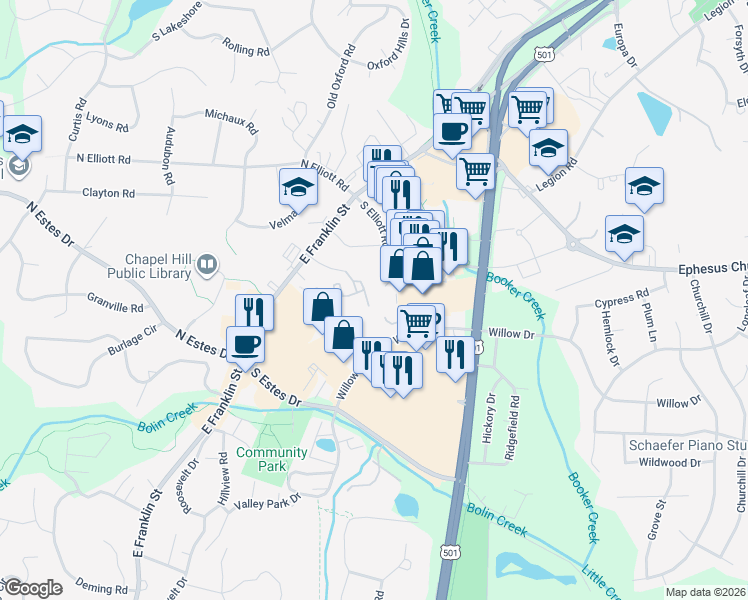map of restaurants, bars, coffee shops, grocery stores, and more near 214 Conner Drive in Chapel Hill