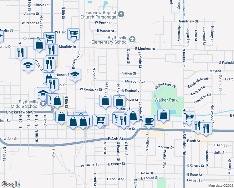 map of restaurants, bars, coffee shops, grocery stores, and more near 405 North Franklin Street in Blytheville