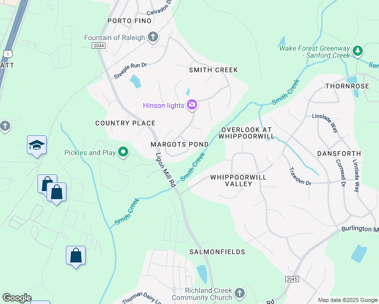 map of restaurants, bars, coffee shops, grocery stores, and more near 9405 Philbeck Lane in Wake Forest