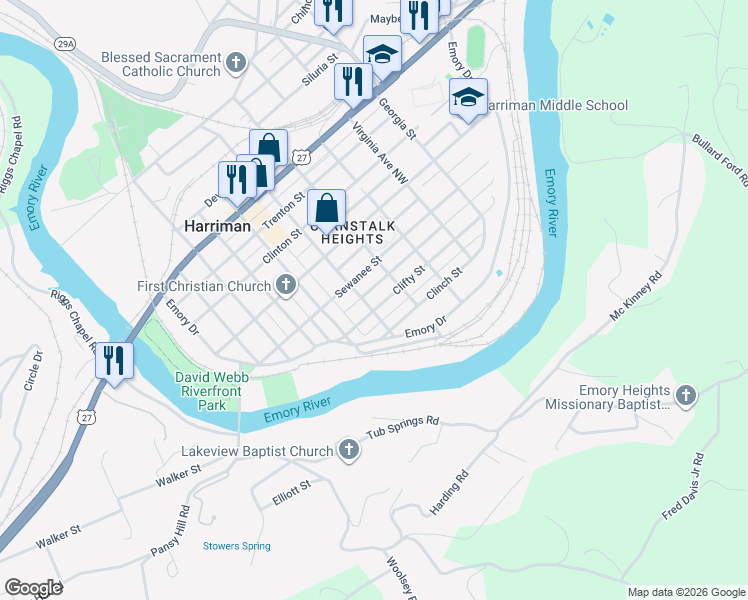 map of restaurants, bars, coffee shops, grocery stores, and more near 425 Clifty Street in Harriman