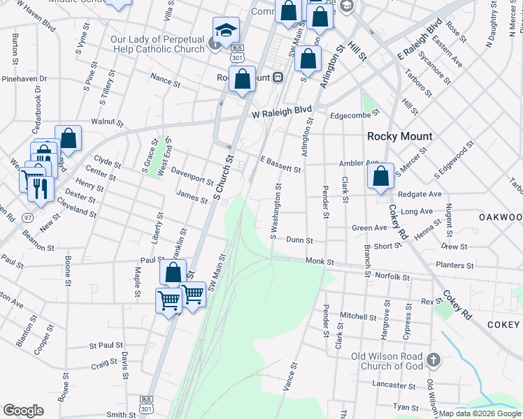 map of restaurants, bars, coffee shops, grocery stores, and more near 117 Wye Street in Rocky Mount