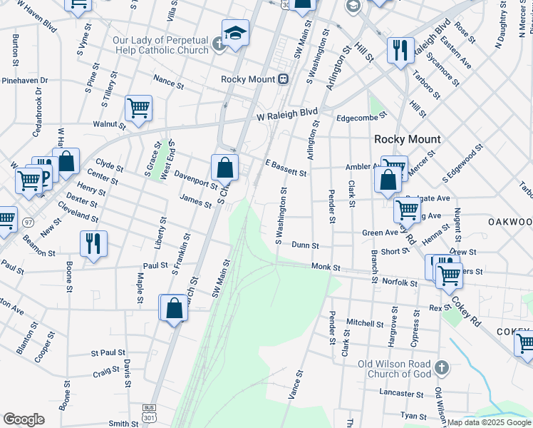 map of restaurants, bars, coffee shops, grocery stores, and more near 117 Wye Street in Rocky Mount