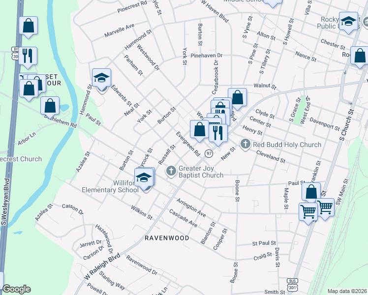 map of restaurants, bars, coffee shops, grocery stores, and more near 1120 Calvary Street in Rocky Mount
