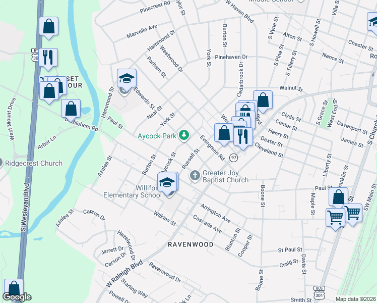 map of restaurants, bars, coffee shops, grocery stores, and more near 1208 Russell Street in Rocky Mount