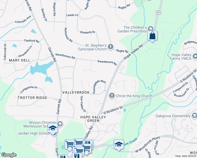 map of restaurants, bars, coffee shops, grocery stores, and more near 3622 Sunningdale Way in Durham