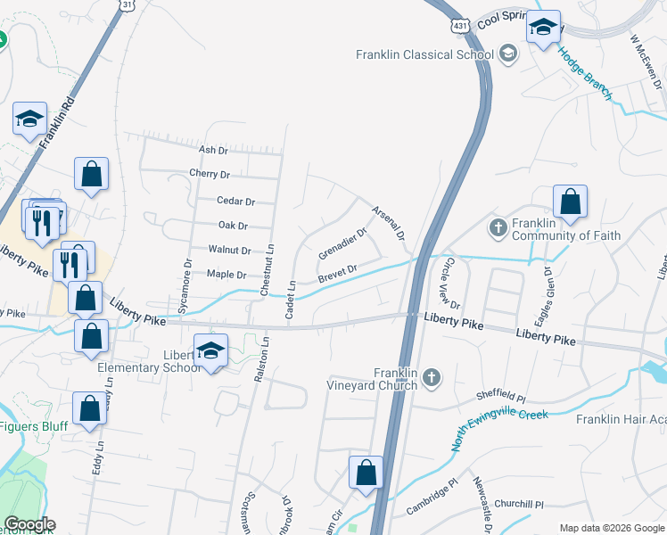 map of restaurants, bars, coffee shops, grocery stores, and more near 118 Brevet Drive in Franklin