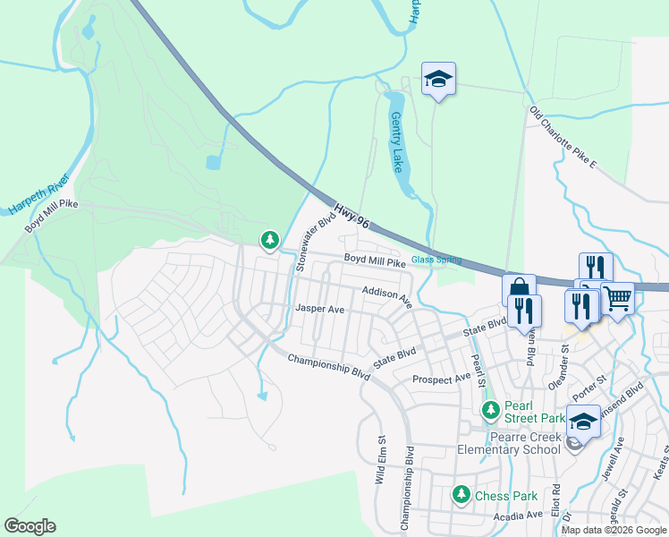 map of restaurants, bars, coffee shops, grocery stores, and more near 470 Wiregrass Lane in Franklin