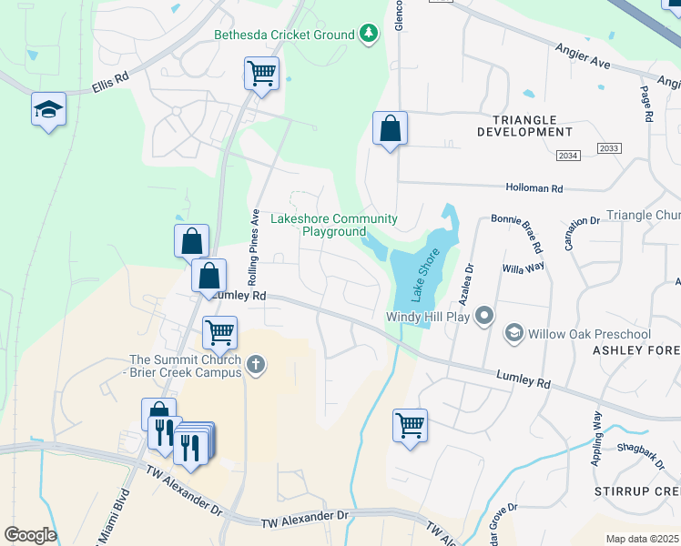 map of restaurants, bars, coffee shops, grocery stores, and more near 4007 Catfish Way in Durham