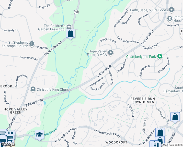 map of restaurants, bars, coffee shops, grocery stores, and more near 5006 Greenview Drive in Durham