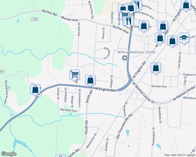 map of restaurants, bars, coffee shops, grocery stores, and more near 2620 Carsten Avenue in High Point