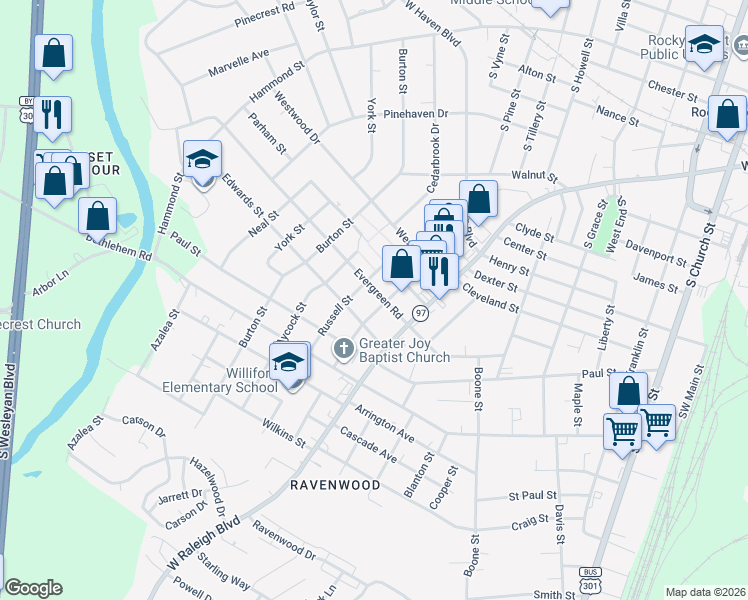map of restaurants, bars, coffee shops, grocery stores, and more near 1120 Calvary Street in Rocky Mount