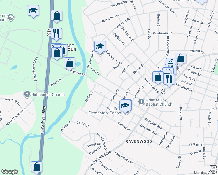 map of restaurants, bars, coffee shops, grocery stores, and more near 1128 Nashville Road in Rocky Mount
