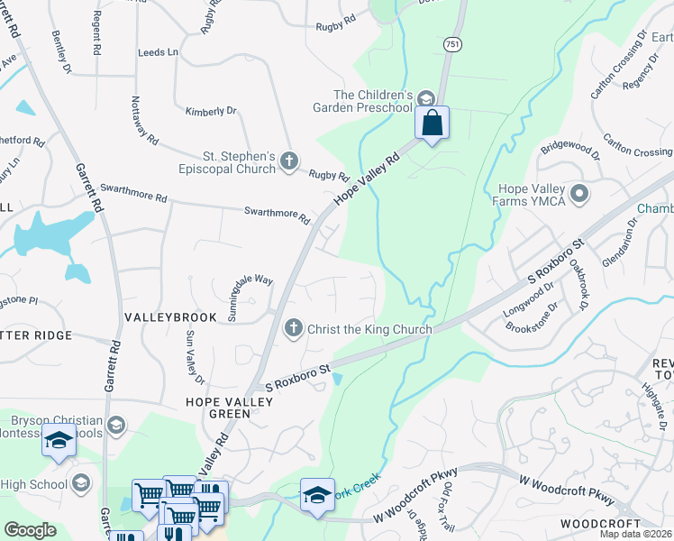 map of restaurants, bars, coffee shops, grocery stores, and more near 3522 Barcelona Avenue in Durham