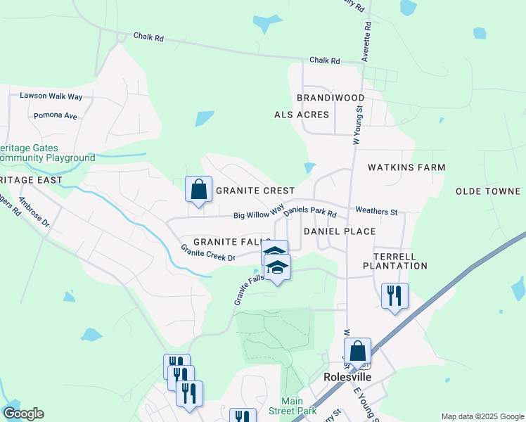 map of restaurants, bars, coffee shops, grocery stores, and more near 503 Misty Willow Way in Rolesville