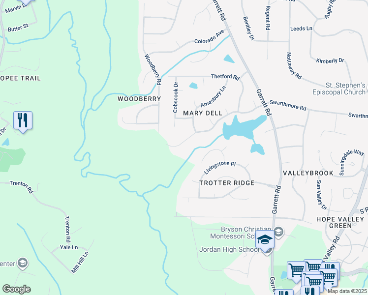 map of restaurants, bars, coffee shops, grocery stores, and more near 4319 Swarthmore Road in Durham