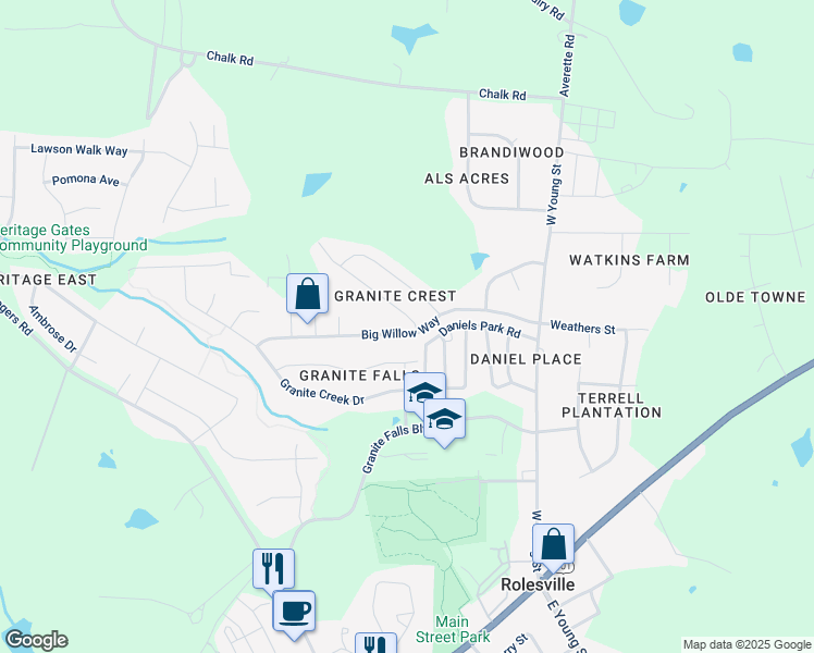 map of restaurants, bars, coffee shops, grocery stores, and more near 503 Misty Willow Way in Rolesville