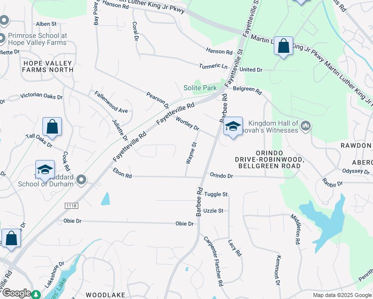 map of restaurants, bars, coffee shops, grocery stores, and more near 5020 Wayne Street in Durham
