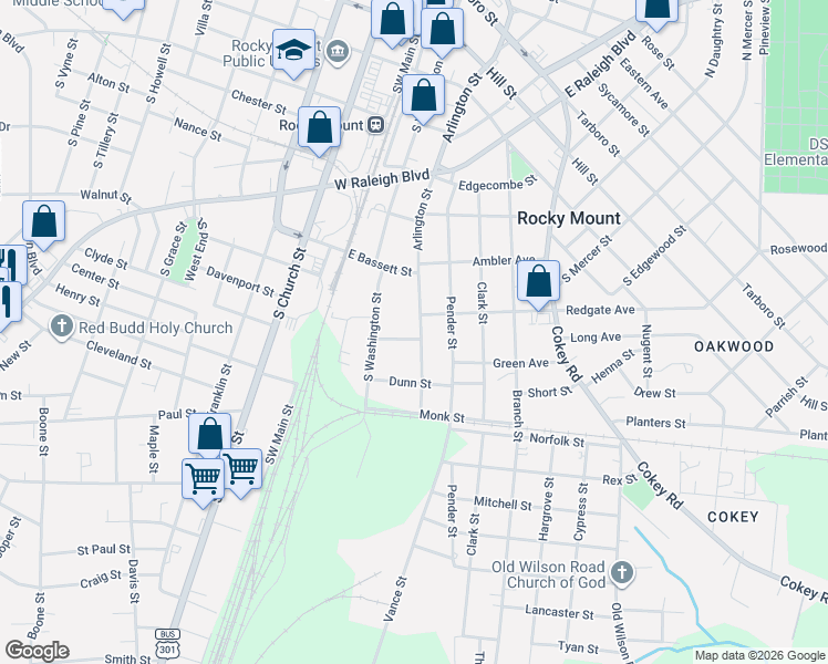 map of restaurants, bars, coffee shops, grocery stores, and more near 906 Arlington St in Rocky Mt