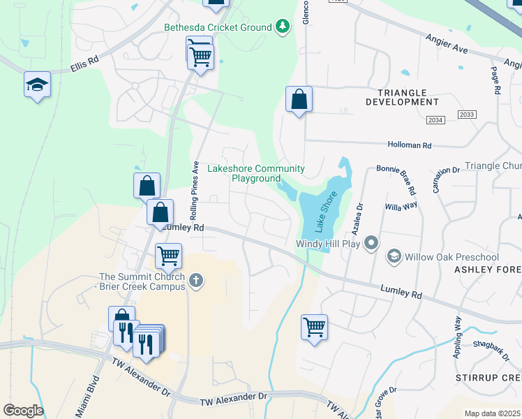 map of restaurants, bars, coffee shops, grocery stores, and more near 4007 Catfish Way in Durham