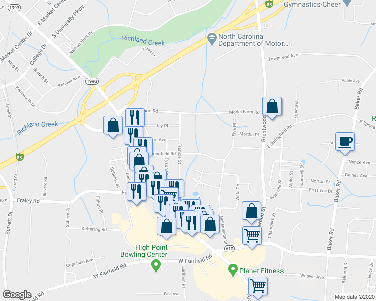 map of restaurants, bars, coffee shops, grocery stores, and more near 407 East Springfield Road in High Point