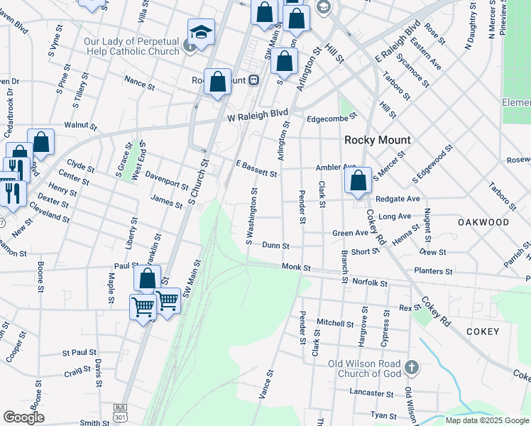 map of restaurants, bars, coffee shops, grocery stores, and more near 905 S Washington St in Rocky Mt