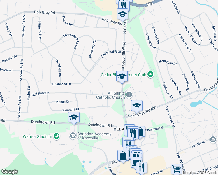 map of restaurants, bars, coffee shops, grocery stores, and more near 705 North Cedar Bluff Road in Knoxville