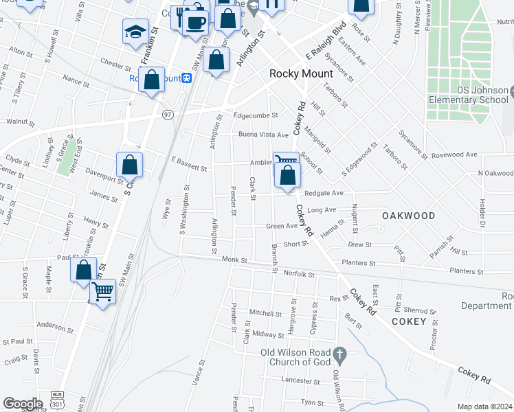 map of restaurants, bars, coffee shops, grocery stores, and more near 813 Clark Street in Rocky Mount