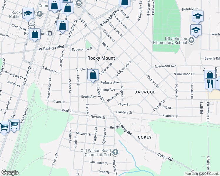 map of restaurants, bars, coffee shops, grocery stores, and more near 745-801 Long Avenue in Rocky Mount
